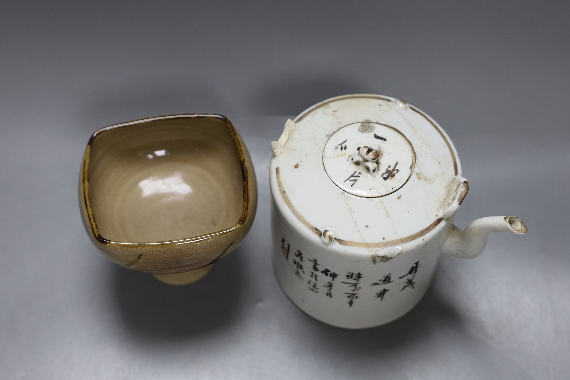 A Chinese Republic period teapot, a famille rose barrel and cover, a famille verte saucer, porcelain duck, pottery stem bowl and a resin model of Shou Lao